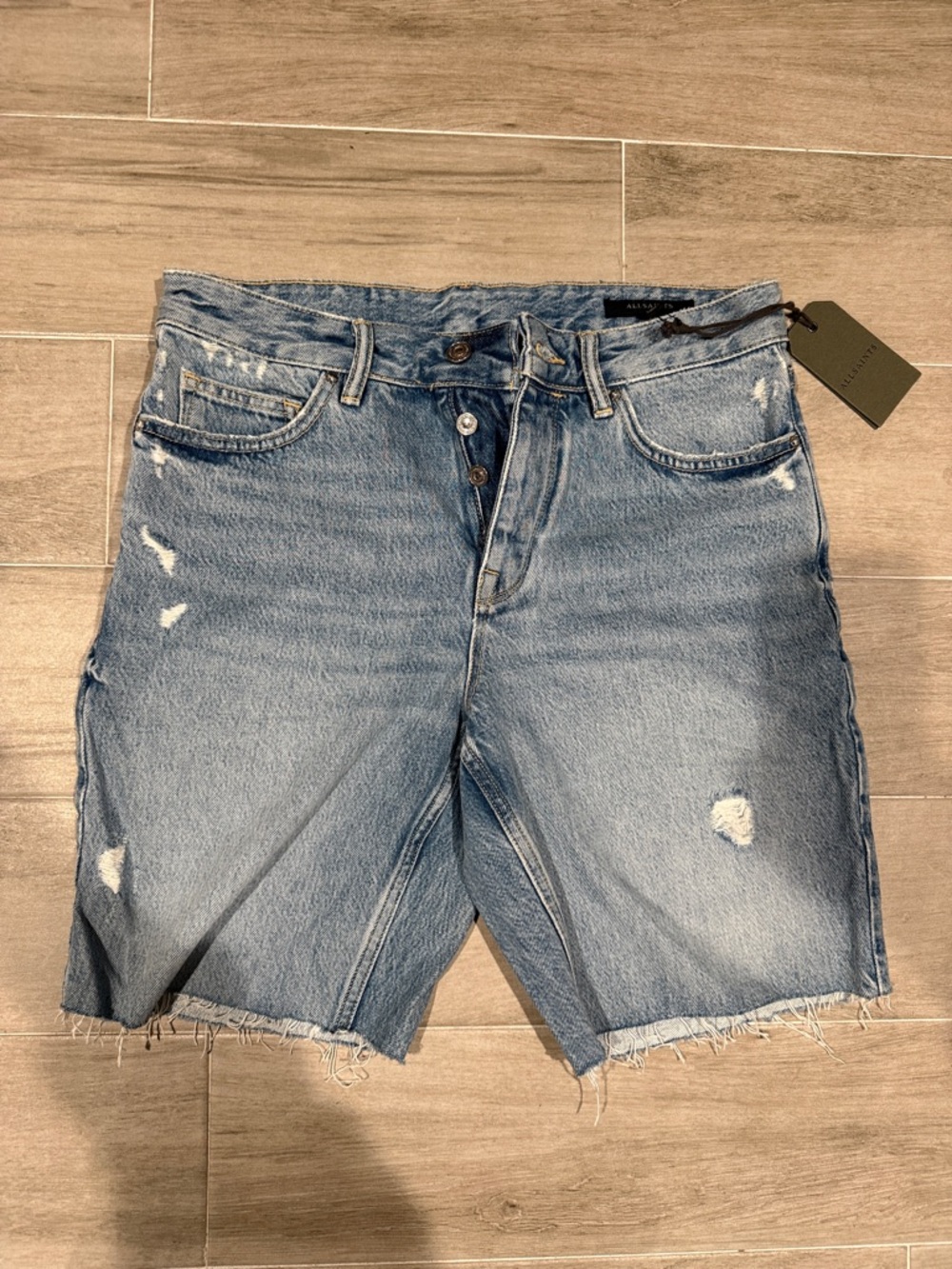 All Saints Distressed Denim Shorts in Light Blue
